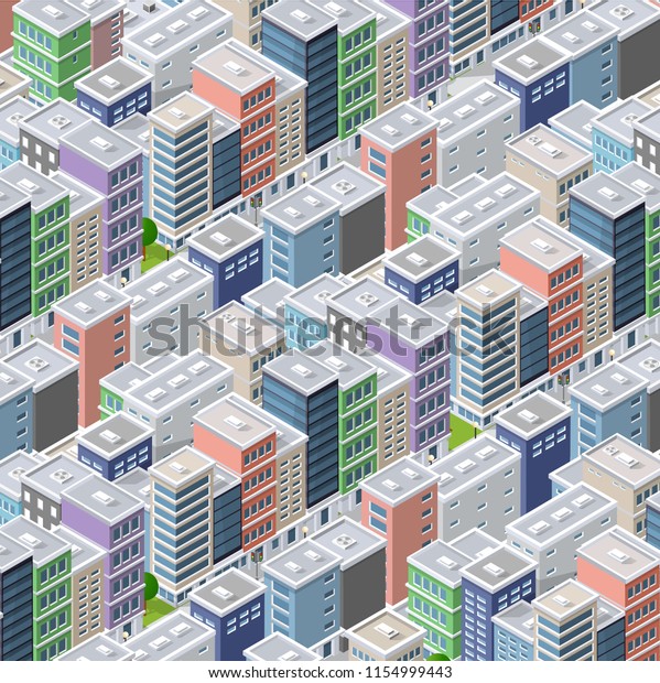 Isometric\
illustration megapolis city quarter with streets, skyscrapers,\
trees and houses. Urban landscape top\
view