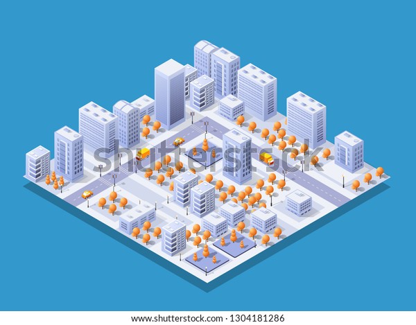 Isometric\
illustration megapolis city quarter with streets, skyscrapers,\
trees and houses. Urban landscape top\
view