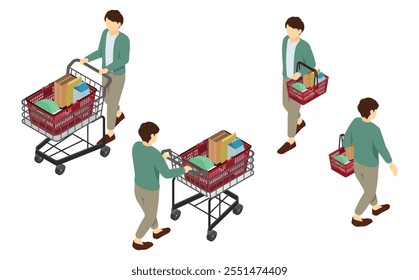 Isometric illustration: men pushing a shopping cart and men holding a shopping basket