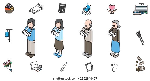 It is an isometric illustration of men and women of all ages who have broken their arms.