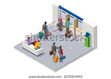 Isometric illustration of migrants receiving work permit approval or denial at border control. Immigration, visa validation, relocation and travel process concept