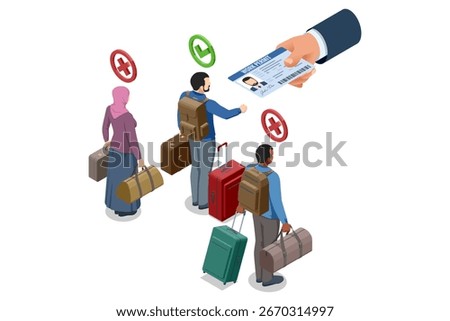 Isometric illustration of migrants receiving work permit approval or denial at border control. Immigration, visa validation, relocation and travel process concept