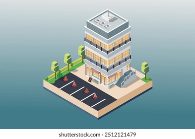 ilustração isométrica de um edifício de minimercado com um parque de estacionamento perto da estrada principal. adequado para ativos digitais