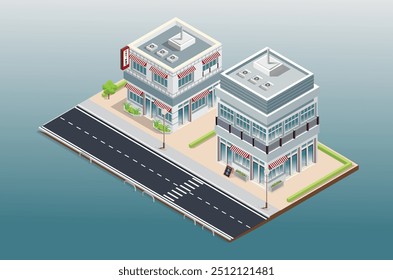 ilustração isométrica de um edifício de minimercado com um parque de estacionamento perto da estrada principal. adequado para ativos digitais