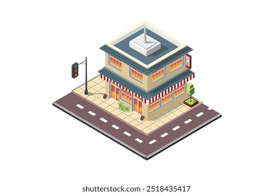 ilustração isométrica de um edifício de minimercado com um parque de estacionamento perto da estrada principal. adequado para ativos digitais	