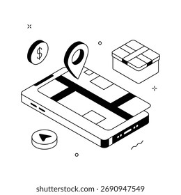 Isometric illustration of a mobile app tracking delivery location with gift box