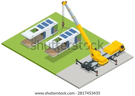 Isometric illustration of a mobile crane installing a solar powered capsule home beside another modular unit, representing prefabricated construction, transport and site assembly workflow