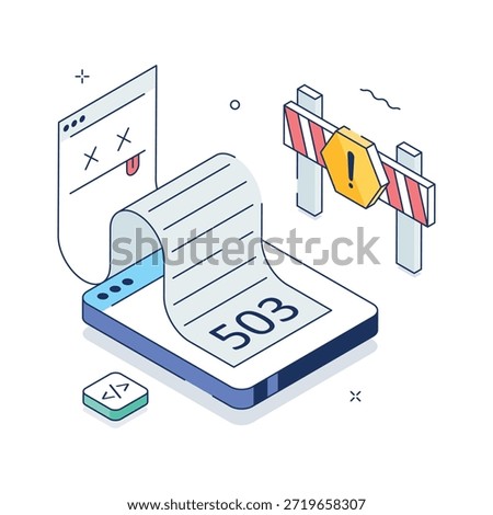 Isometric illustration of mobile page showing 503 service unavailable website error.