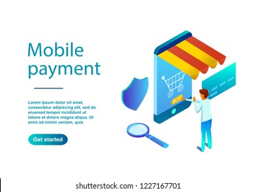Isometric illustration of mobile payment. Made with gradients of red orange and blue shades. Background for sites, banners, posters. People discuss the project with icons above their heads