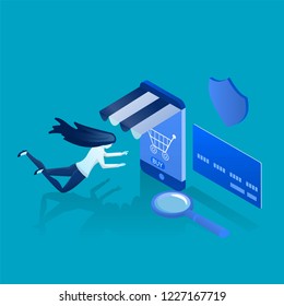 Isometric illustration of mobile payment. Made with gradients of blue and white. Background for sites, banners, posters. People discuss the project with icons above their heads