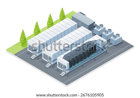 Isometric illustration of a mobile POD edge data center top view with modular server racks cooling systems and outdoor infrastructure