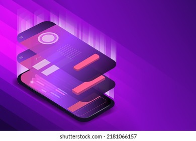 Isometric illustration of a mobile technological interface. Gradient purple background. Vector illustration