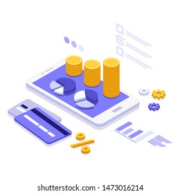 Isometric illustration mobile technology solution online payment, data analysis. Isometric financial consulting. Mobile phone, graphs, percentage, currency, credit cards, coins. Finance management