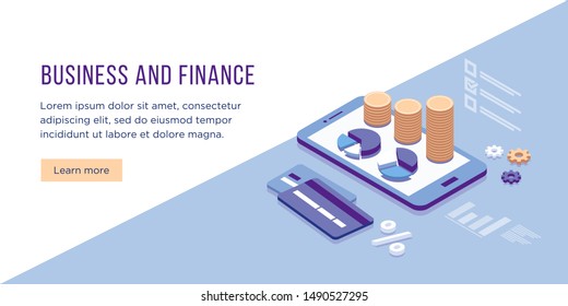 Isometric illustration mobile technology solution online payment, data analysis. Banner, flyer template. Mobile phone, graphs, percentage, currency, credit cards, coins. Finance management