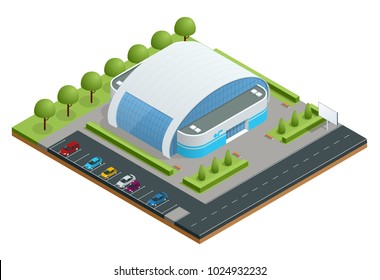 Isometric illustration of modern building swimming pool for water sports, swimming, diving, underwater sports, water polo, underwater rugby, synchronized swimming, etc. Competition pools.