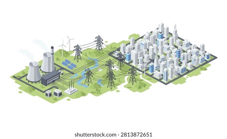Isometric illustration of a modern city connected to a suburban power plant with wind turbines and solar energy.