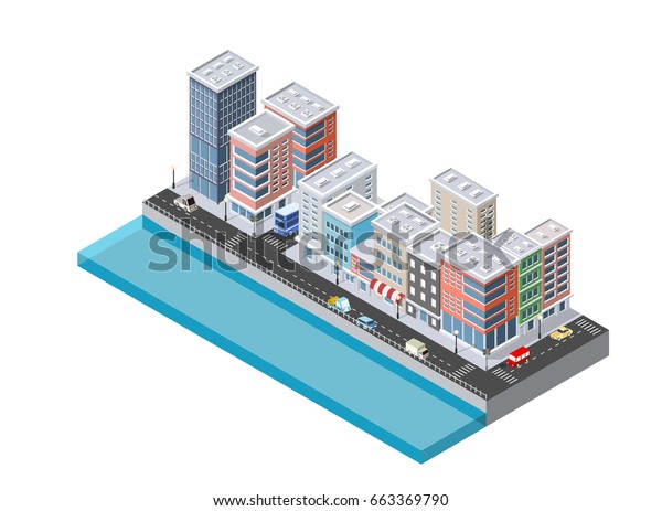 Isometric illustration of the modern city.\
Dimensional views of skyscrapers, houses, buildings and urban areas\
with transport roads