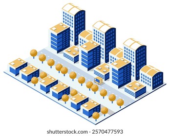 Isometric illustration of a modern cityscape with skyscrapers, low-rise buildings, trees, and a delivery van driving on the street