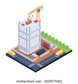 Iasimétrica ilustración de la construcción moderna con gráficos vectoriales editables