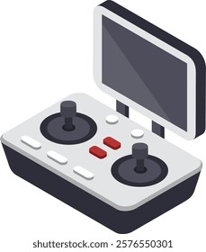 Isometric illustration of a modern drone controller featuring dual joysticks and a built in screen, designed for precise navigation and control in aerial photography and videography