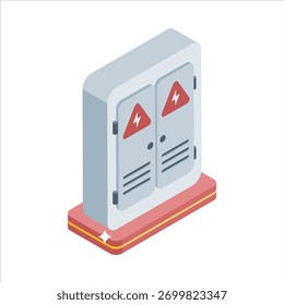 Ilustración isométrica de un panel eléctrico moderno con señales de advertencia