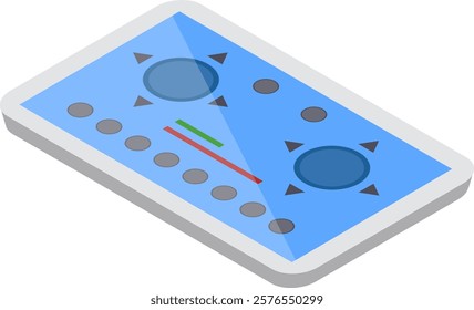 Isometric illustration of a modern gaming controller featuring a blue interface. Includes directional buttons, circular controls, and a sleek design, ideal for digital entertainment concepts