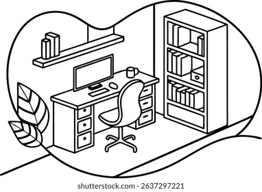Isometric illustration of a modern home office workspace with a computer desk bookshelf and chair