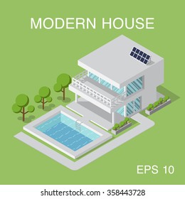 Isometric illustration of modern house with solar panels for electricity on the roof and with a swimming pool on the backyard.