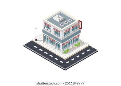 ilustração isométrica do moderno edifício da loja japonês adequado para infográficos e ativos digitais