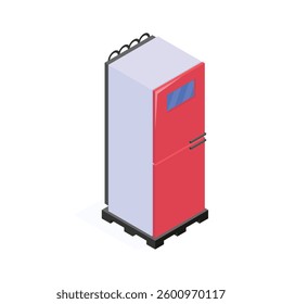 An isometric illustration of a modern red refrigerator on a black pallet.