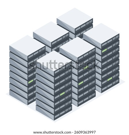 Isometric illustration of a modern server room with multiple data center racks isolated on white background for IT infrastructure concept