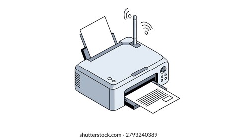 Isometric illustration of a modern wireless printer printing a document with wifi signal icons and clean gray design.