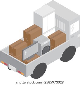 Isometric illustration of a moving truck carrying cardboard boxes and home appliances