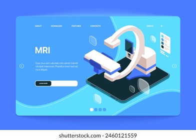 Isometrische Darstellung einer MRI-Maschine auf einer Smartphone-Schnittstelle, mit Navigationsmöglichkeiten, auf blauem Gradientenhintergrund, Konzept der Medizintechnik. Website Vorlage. Vektorillustration