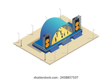 Ilustración isométrica de un escenario de evento musical, Concepto 3d Vista isométrica del fondo de la fiesta del concierto y paisaje escénico.