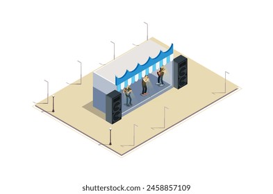 Ilustración isométrica de un escenario de evento musical, Concepto 3d Vista isométrica del fondo de la fiesta del concierto y paisaje escénico.