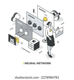 Imitación isométrica de la red neuronal compuesta por tres capas, diseñada para reconocer una foto. Mujer cerca de monitorear un gráfico abstracto que representa el rendimiento o la salida de la red