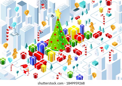 Isometric illustration ofChristmas tree stands at the City square and surrounded by presents. Happy Christmas and happy new year illustration 