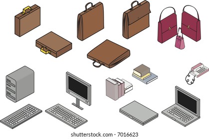 Isometric illustration of office clip art all in individual groups, and easy to edit, no gradients.