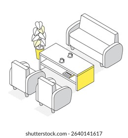 An isometric illustration of an office reception area with sofa, table, and potted plant. Useful for business meetings or client reception scenes.