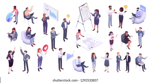 Isometric illustration of office workers and business people: business management, online communication and finance concept