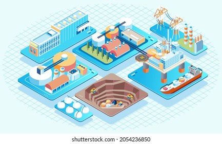 isometric illustration of oil mining company complex, offshore oil mining with large oil cylinders and tankers. used for website, landing page image and other