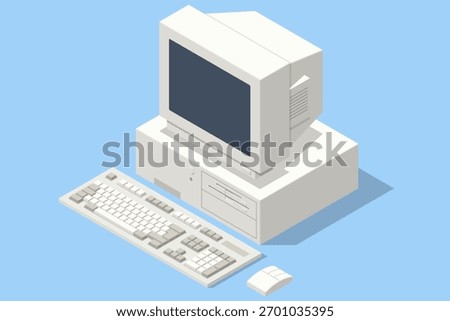 An isometric illustration of an old desktop computer set: monitor, keyboard, and system unit, symbolizing retro computing and 90s digital work