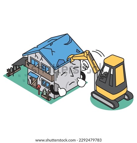 It is an isometric illustration of an old house that is being demolished.