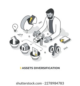 Isometric illustration on assets diversification. Man deciding how to allocate money among baskets, each for a different asset. Ideal for finance, investment, and wealth management topics