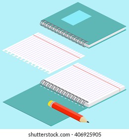 Isometric illustration on a blue background with the image of notebook, pencil, open spiral notebook and lined paper. Vector illustration. Spiral binding and notebook paper. 