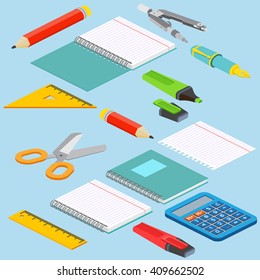 Isometrische Illustration auf blauem Hintergrund mit dem BildLineal, Taschenrechner, Markerstift, Stift, Stift, Schere, Paar Kompasse und offenem Notizblock.  Vektorgrafik.