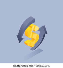 isometric illustration on gray background, yellow dollar sign with arrows, currency exchange or financial transactions