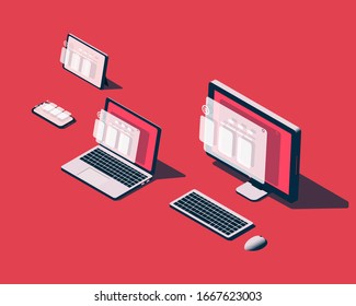 Isometric illustration on responsive computer device page theme.  