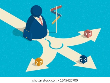 Isometric illustration on the theme of choice way with abstract businessman standing at crossroad